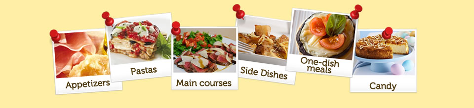 Appetizers, Pastas, Main courses, Side Dishes, One-dish meals, candy
